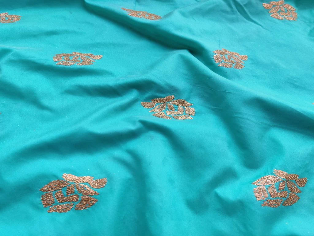 Turquoise Green Gold Sequins Floral Embroidered Motifs Taffeta Silk Fabric