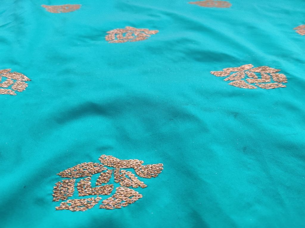 Turquoise Green Gold Sequins Floral Embroidered Motifs Taffeta Silk Fabric