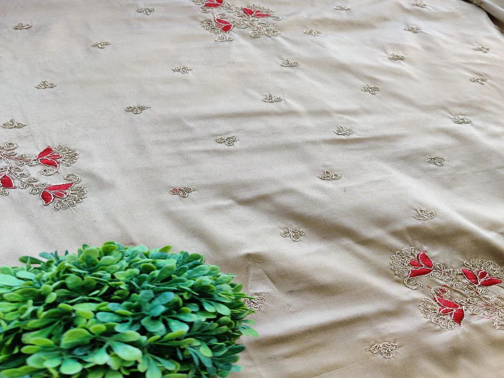 Golden Floral Dori & Thread Embroidered Taffeta Silk Fabric