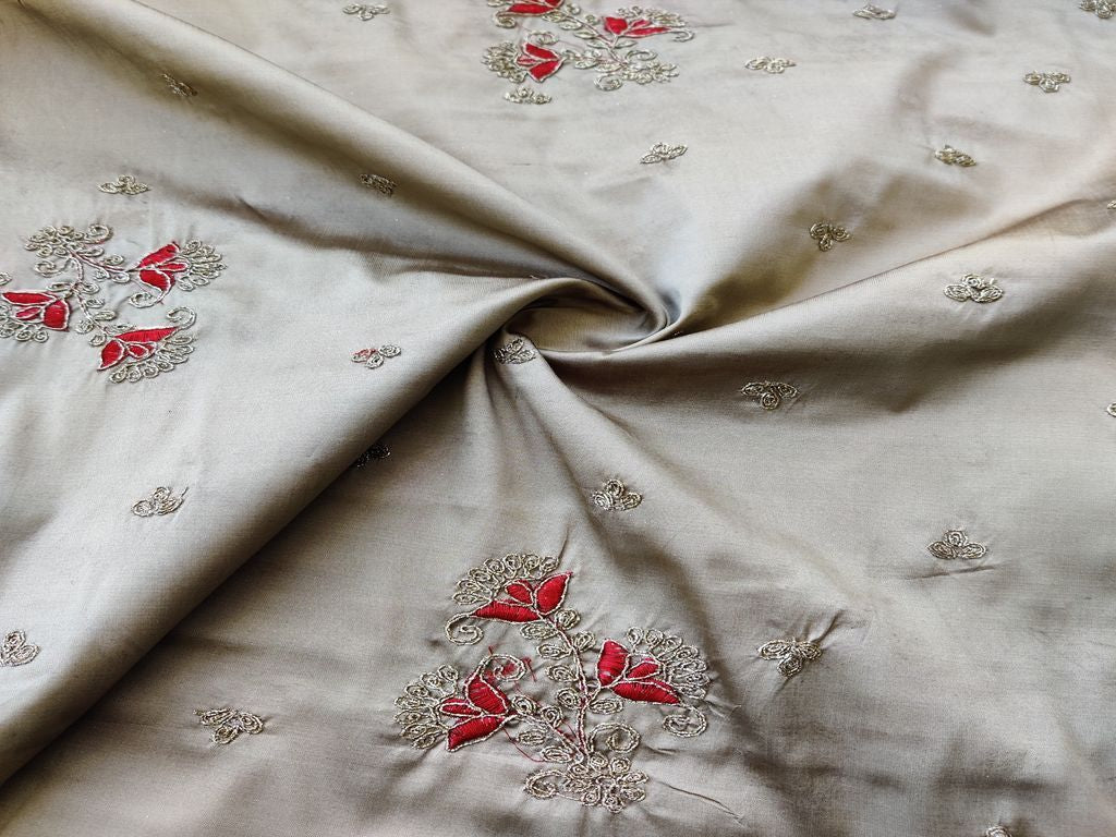 Golden Floral Dori & Thread Embroidered Taffeta Silk Fabric