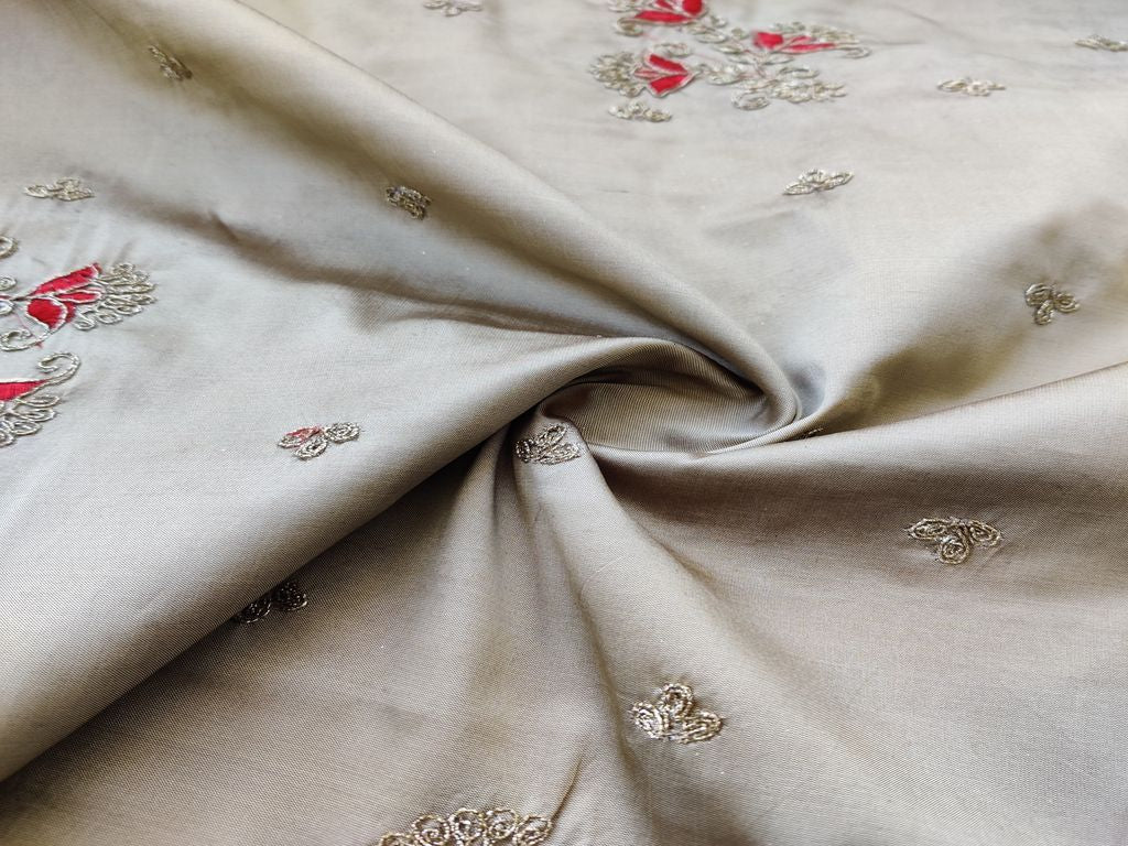 Golden Floral Dori & Thread Embroidered Taffeta Silk Fabric