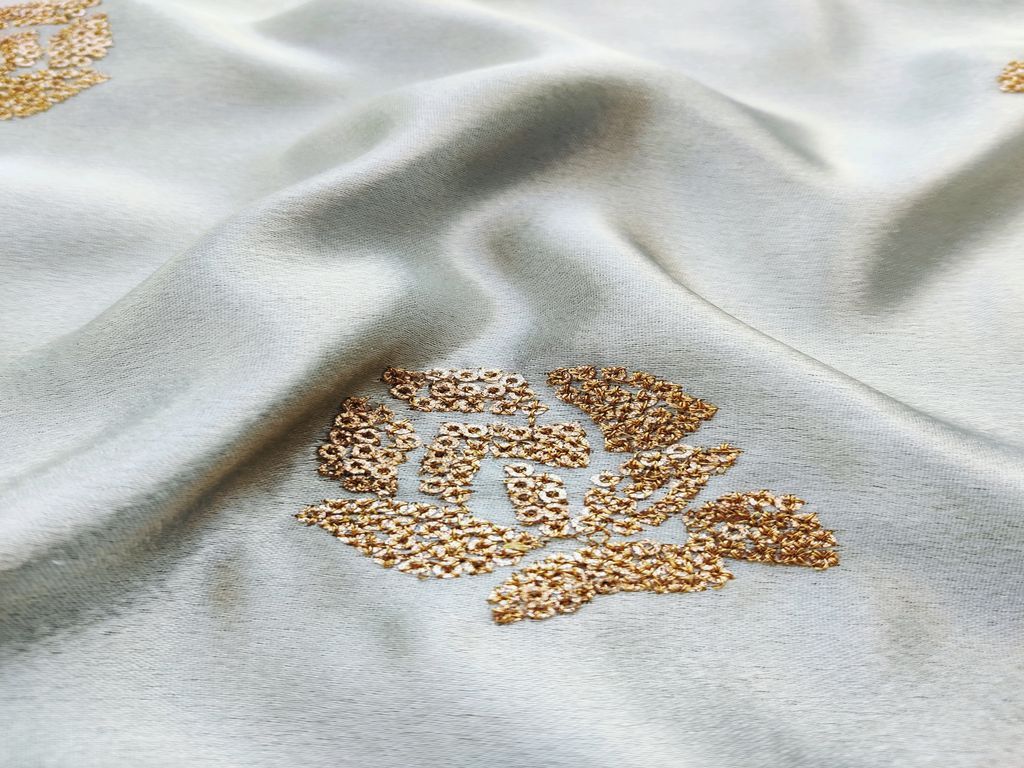 Mint Green Floral Sequins Embroidered Imported Satin Fabric