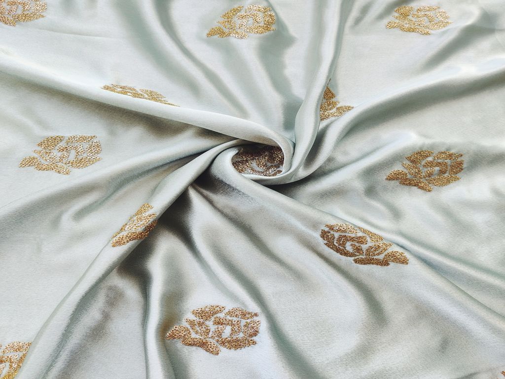 Mint Green Floral Sequins Embroidered Imported Satin Fabric
