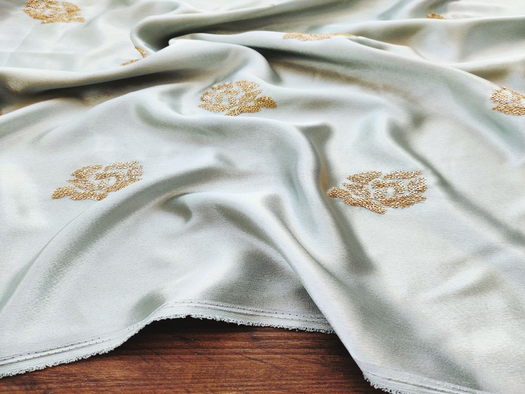 Mint Green Floral Sequins Embroidered Imported Satin Fabric