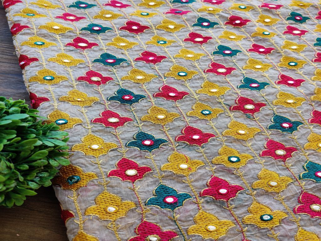 Beige Multicolour Mirror Work Floral Heavy Embroidered Chanderi Fabric
