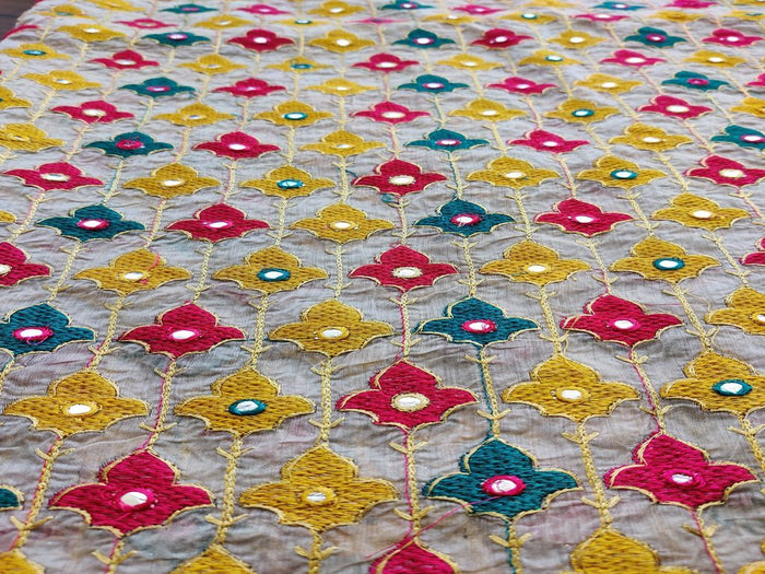 Beige Multicolour Mirror Work Floral Heavy Embroidered Chanderi Fabric