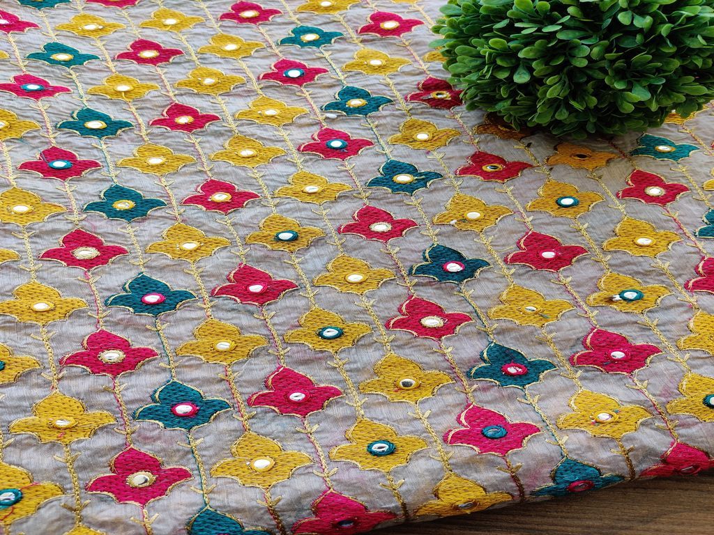 Beige Multicolour Mirror Work Floral Heavy Embroidered Chanderi Fabric
