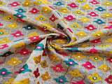 Beige Multicolour Mirror Work Floral Heavy Embroidered Chanderi Fabric