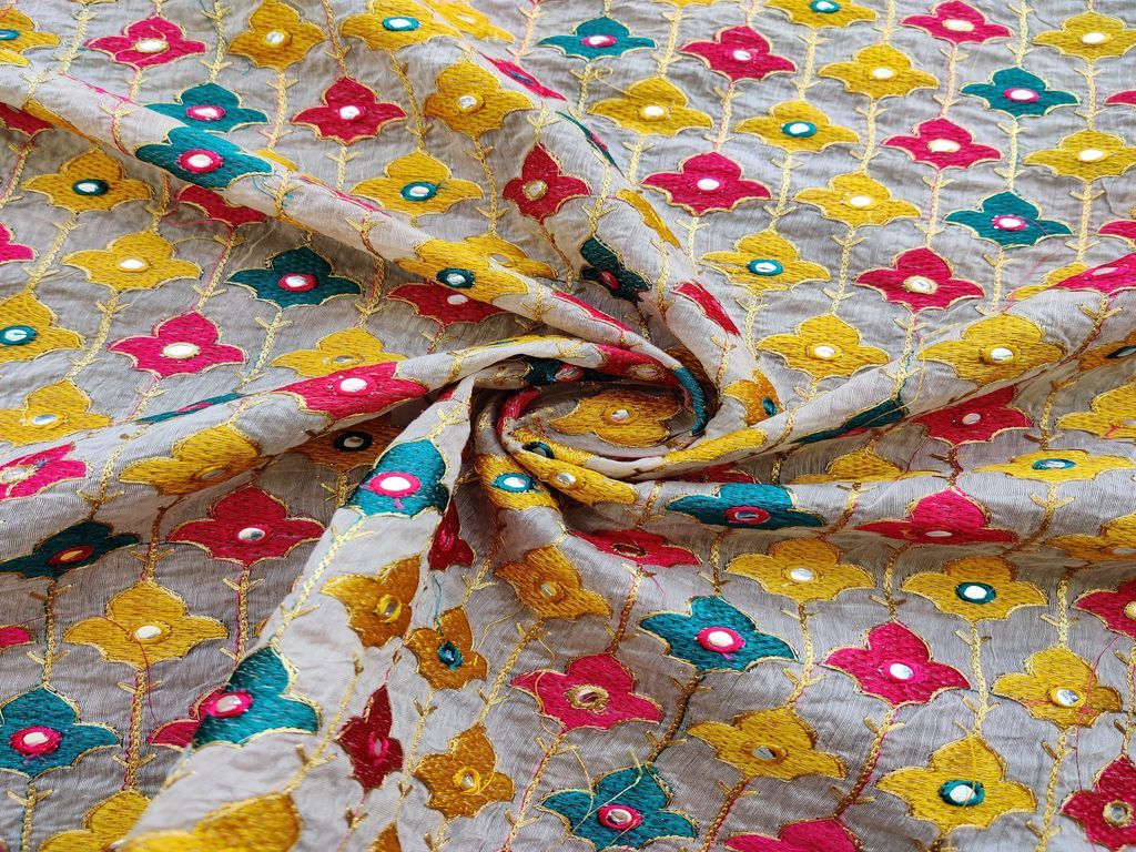 Beige Multicolour Mirror Work Floral Heavy Embroidered Chanderi Fabric