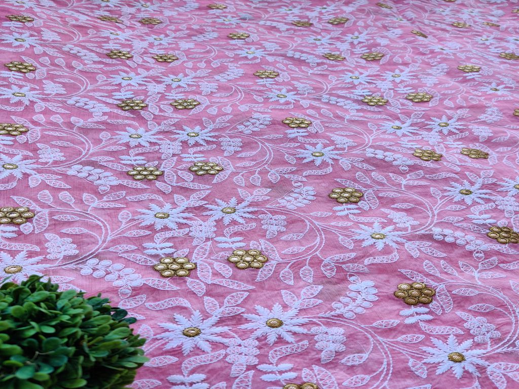 Pink White Floral Gota Patti Chikankari Embroidered Chanderi Fabric