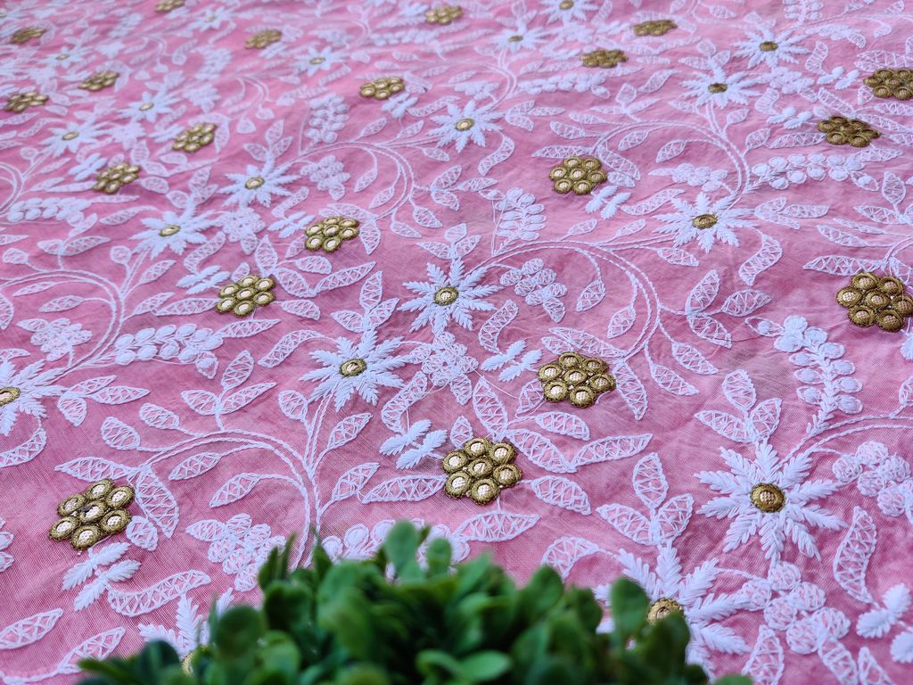 Pink White Floral Gota Patti Chikankari Embroidered Chanderi Fabric