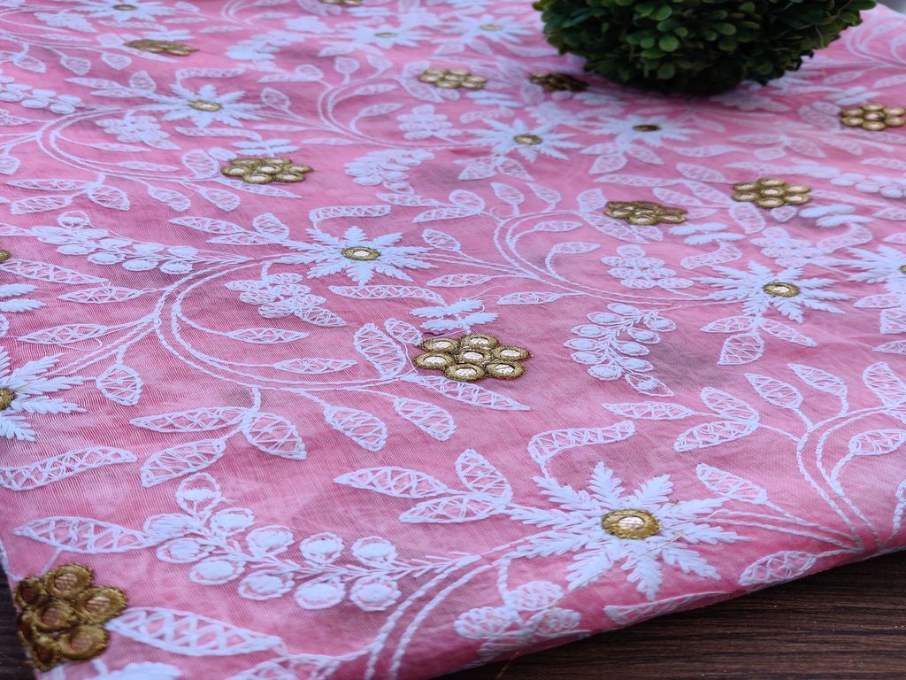 Pink White Floral Gota Patti Chikankari Embroidered Chanderi Fabric