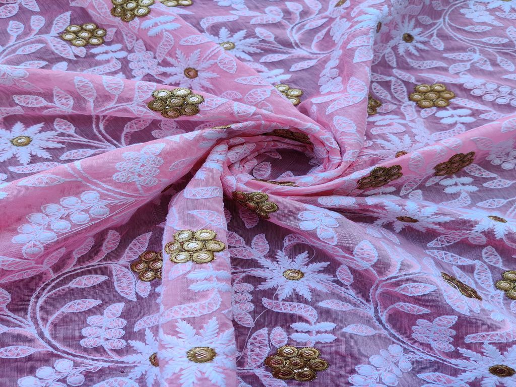 Pink White Floral Gota Patti Chikankari Embroidered Chanderi Fabric