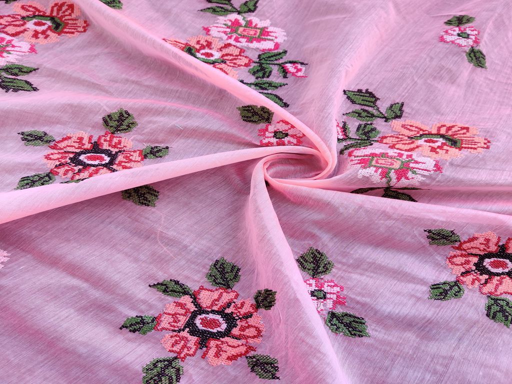 Pink Multicolour Cross Stitch Flowers Embroidered Chanderi Fabric