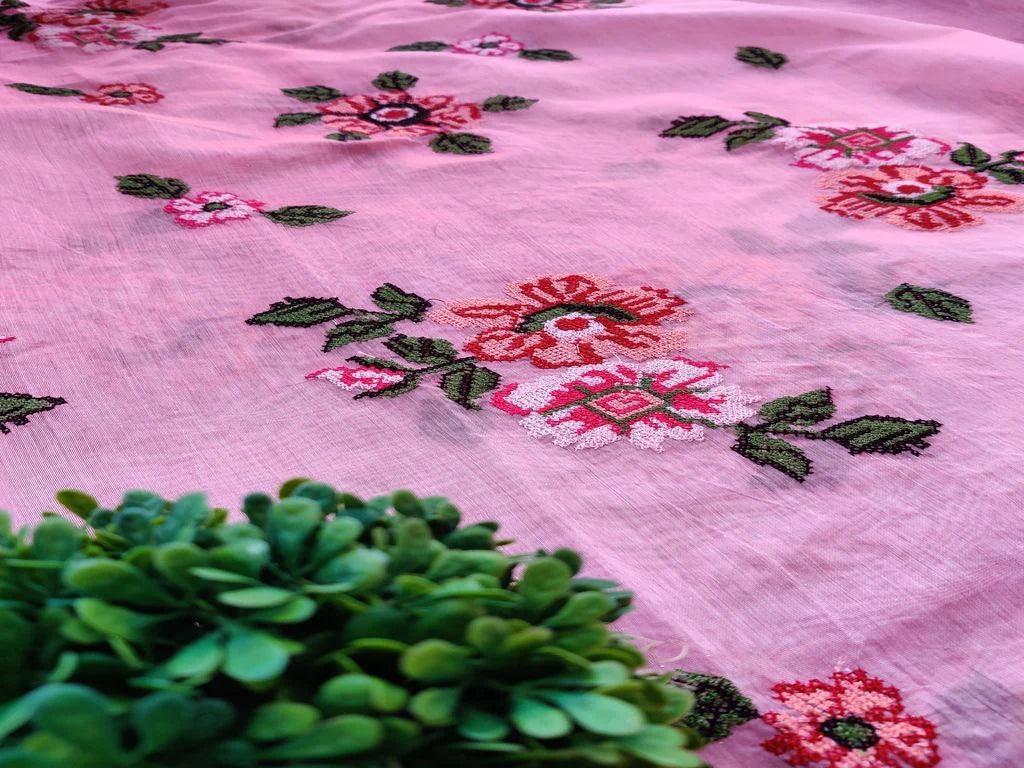 Pink Multicolour Cross Stitch Flowers Embroidered Chanderi Fabric