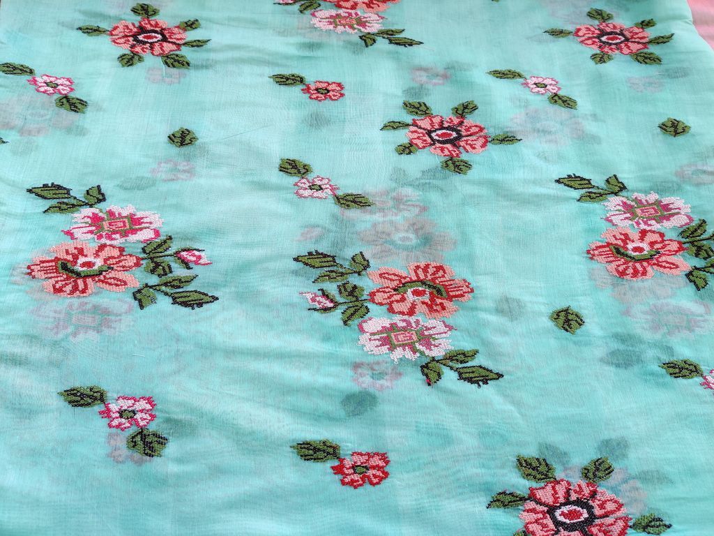 Sea Blue Multicolour Cross Stitch Flowers Embroidered Chanderi Fabric