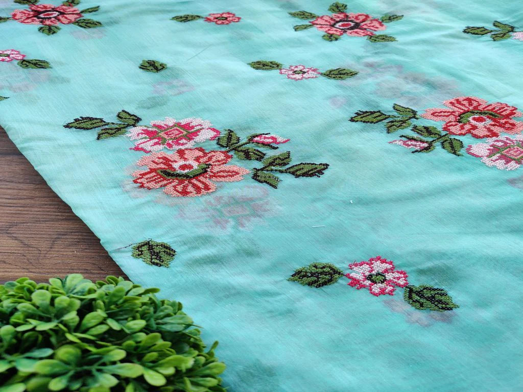 Sea Blue Multicolour Cross Stitch Flowers Embroidered Chanderi Fabric