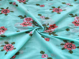 Sea Blue Multicolour Cross Stitch Flowers Embroidered Chanderi Fabric