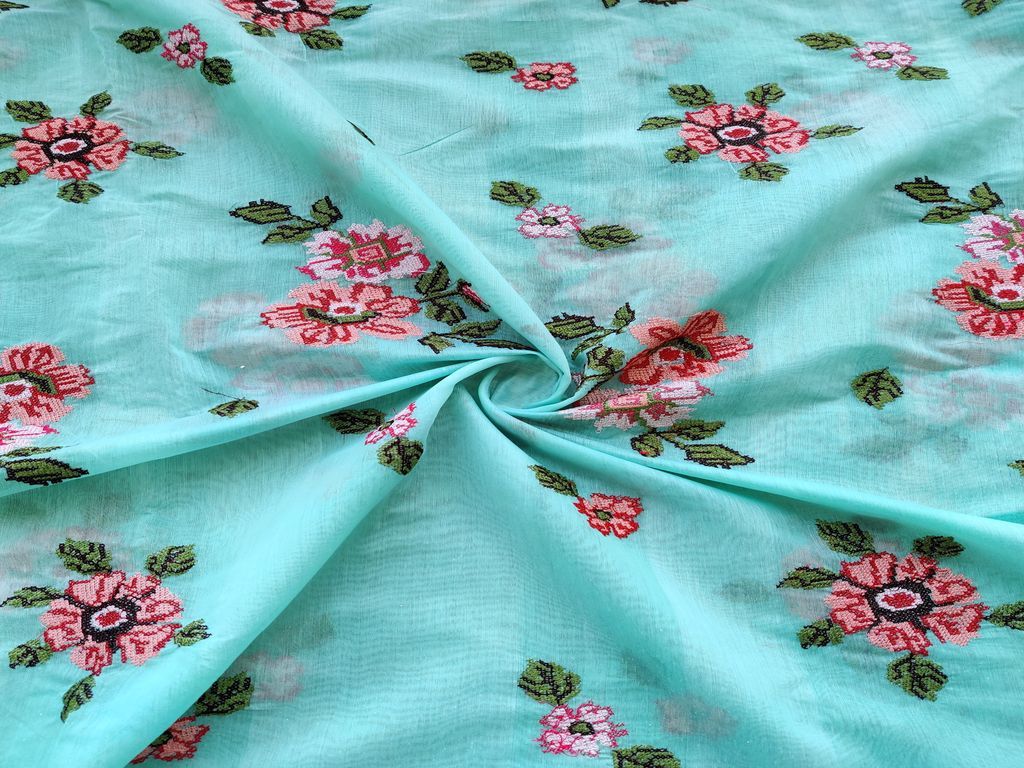 Sea Blue Multicolour Cross Stitch Flowers Embroidered Chanderi Fabric