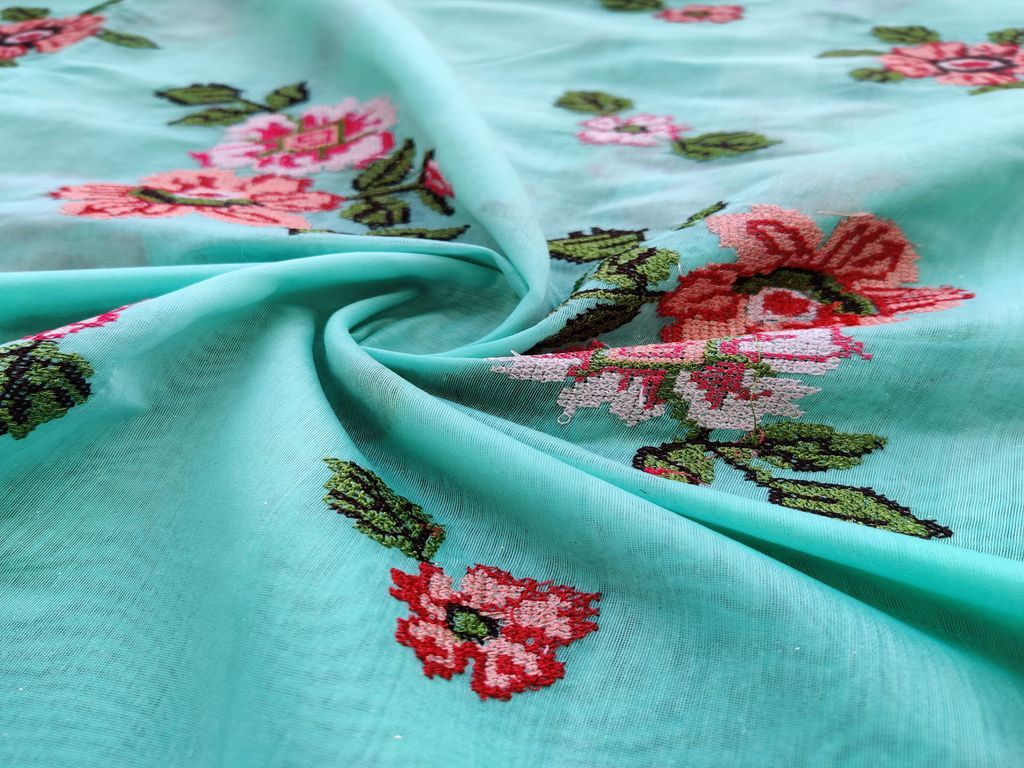 Sea Blue Multicolour Cross Stitch Flowers Embroidered Chanderi Fabric