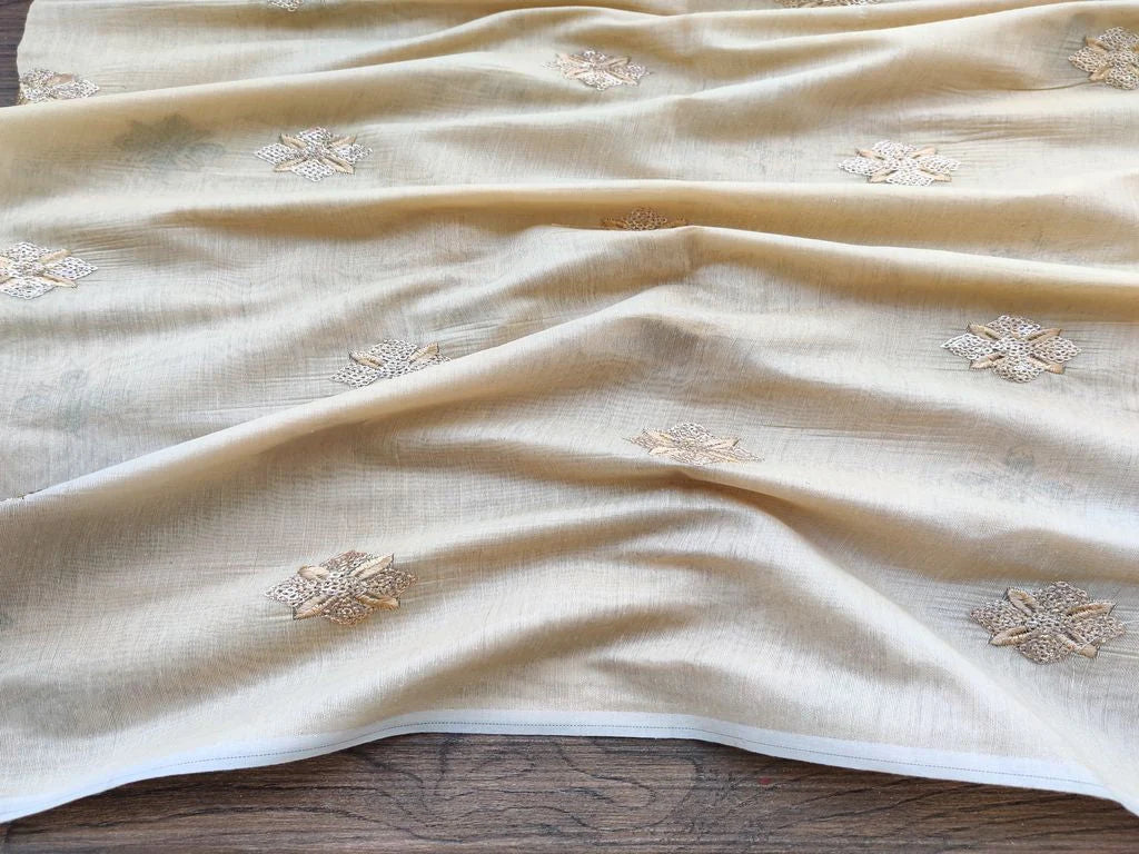 Beige Sequins Floral Motifs Embroidered Chanderi Fabric