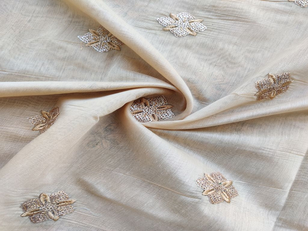 Beige Sequins Floral Motifs Embroidered Chanderi Fabric