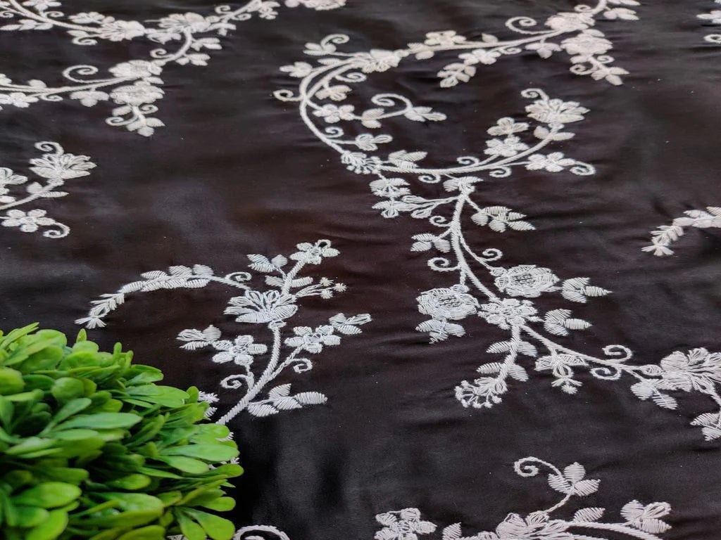 Black White Chikankari Flowers Embroidered Satin Jam Cotton Fabric