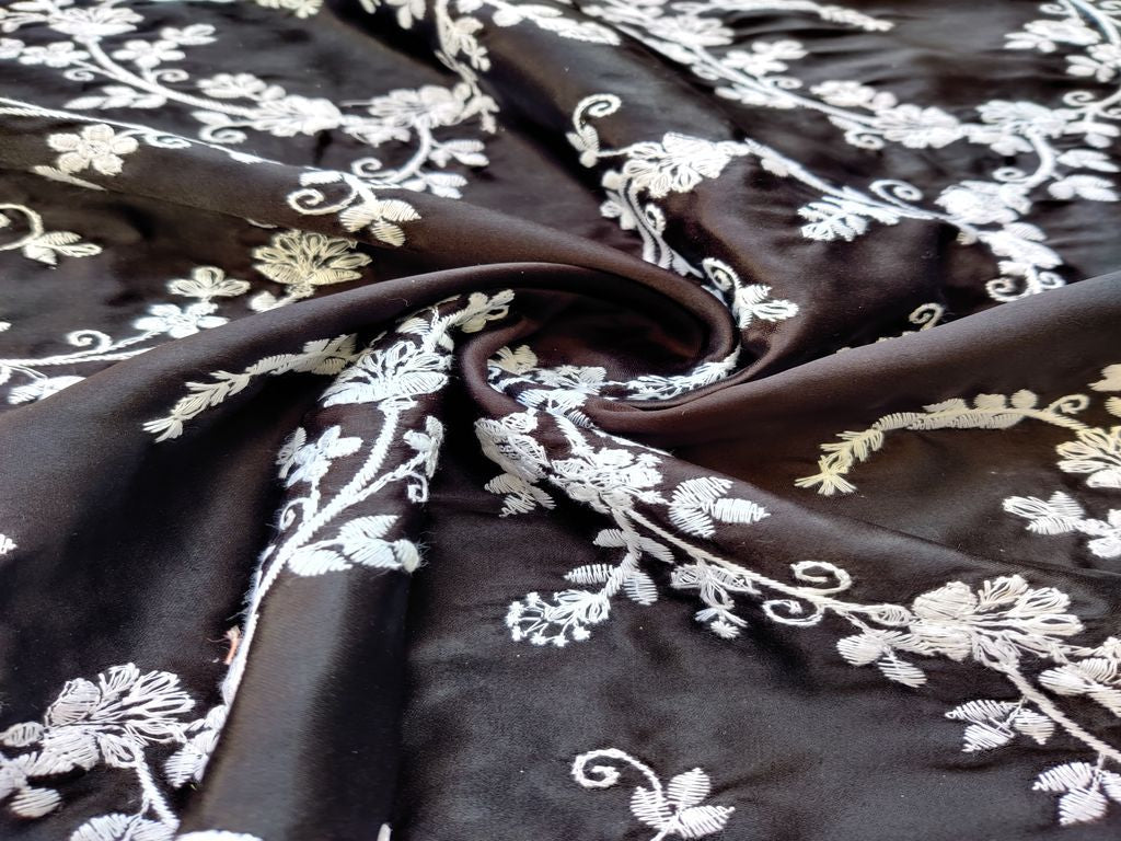 Black White Chikankari Flowers Embroidered Satin Jam Cotton Fabric