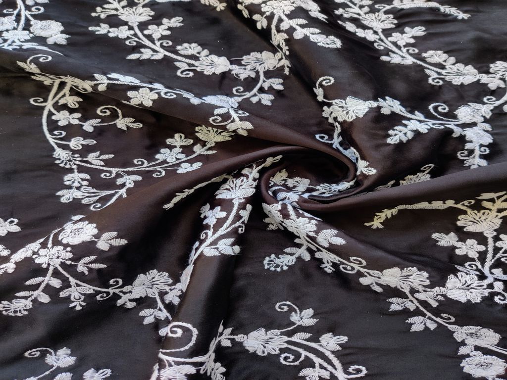 Black White Chikankari Flowers Embroidered Satin Jam Cotton Fabric
