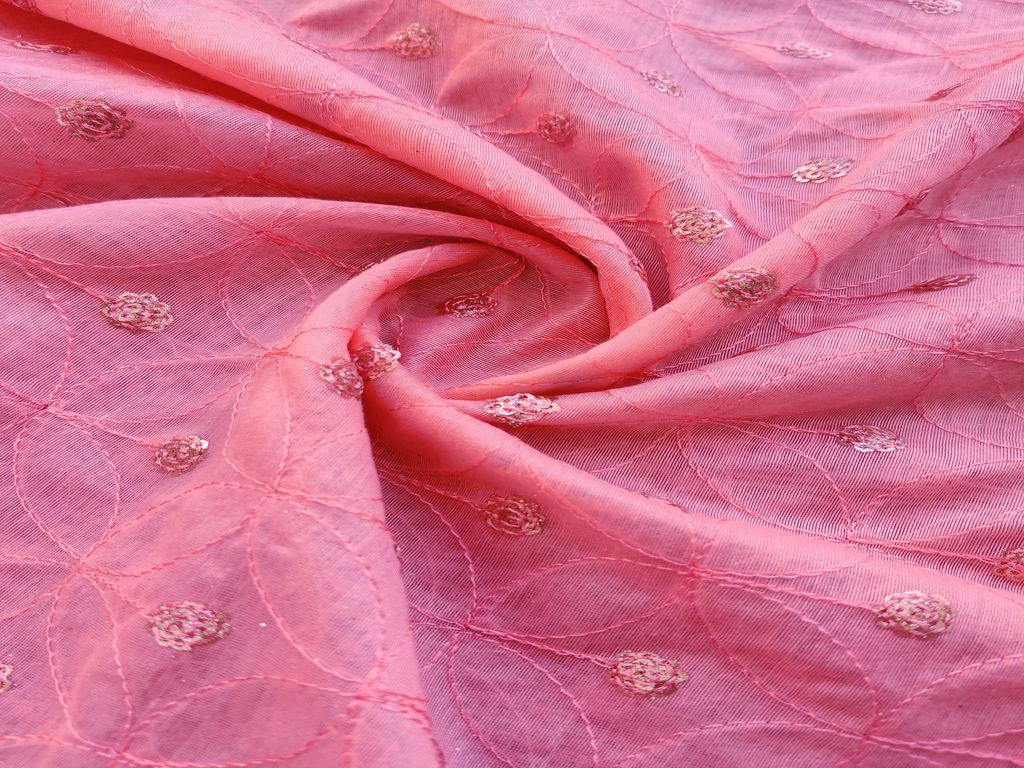 Pink Sequins Geometric Embroidered Chanderi Fabric