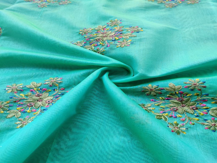 Green Floral Motifs Embroidered Chanderi Fabric