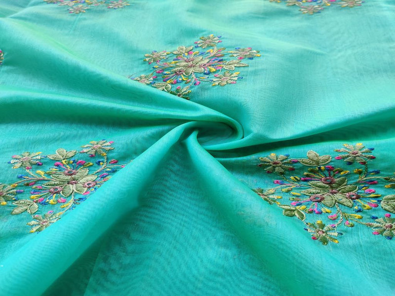 Green Floral Motifs Embroidered Chanderi Fabric