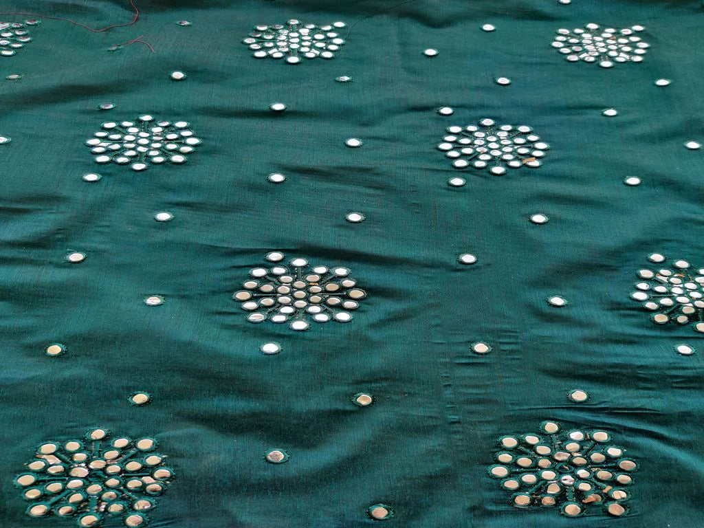 Dark Green Silver Mirror Work Floral Motifs Embroidered Chanderi Fabric
