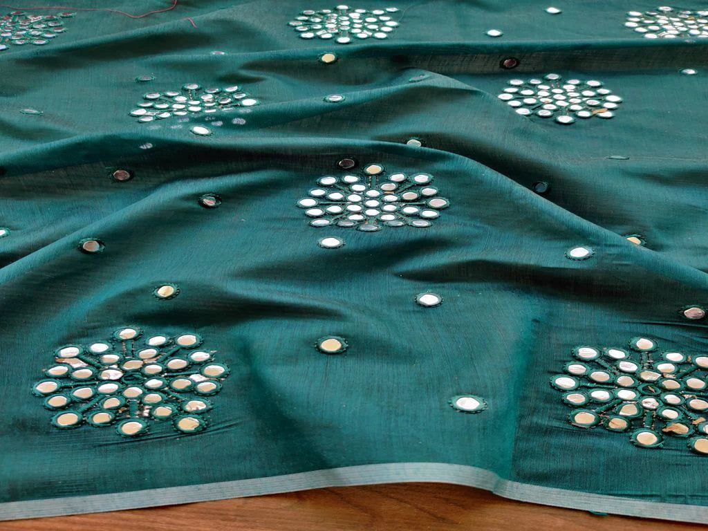 Dark Green Silver Mirror Work Floral Motifs Embroidered Chanderi Fabric