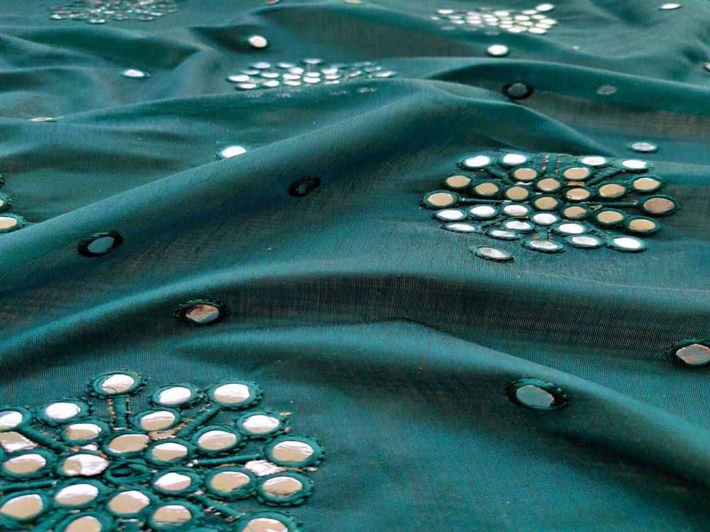 Dark Green Silver Mirror Work Floral Motifs Embroidered Chanderi Fabric