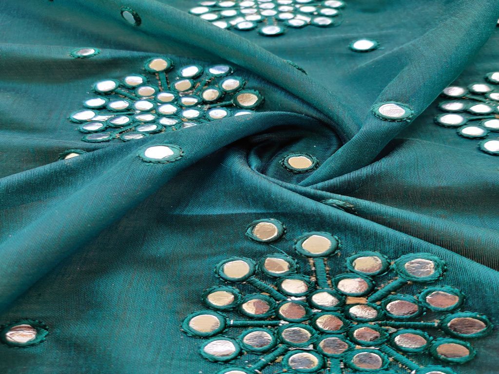 Dark Green Silver Mirror Work Floral Motifs Embroidered Chanderi Fabric