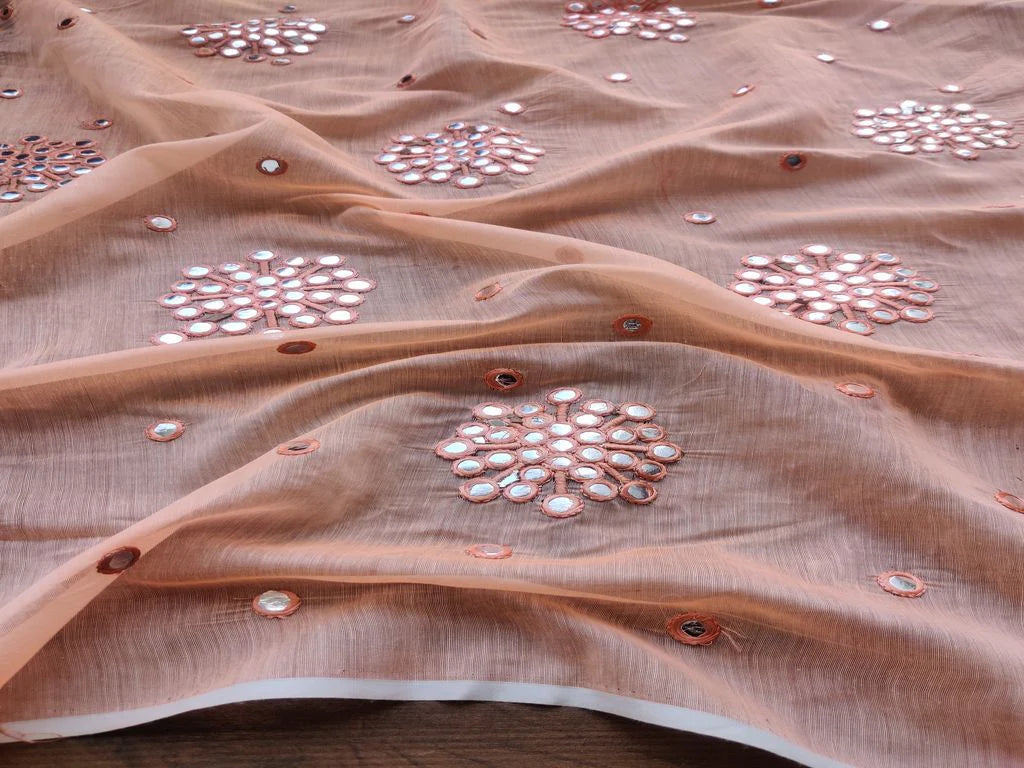 Orange Silver Mirror Work Floral Motifs Embroidered Chanderi Fabric