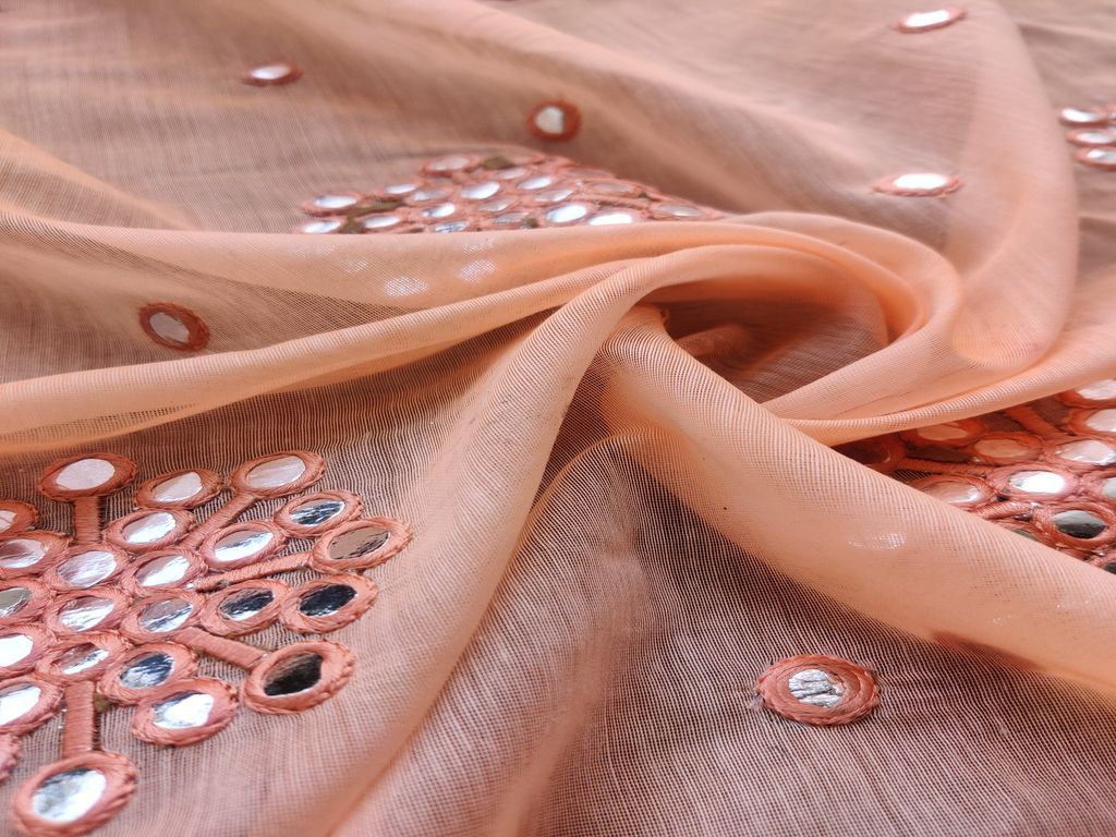 Orange Silver Mirror Work Floral Motifs Embroidered Chanderi Fabric