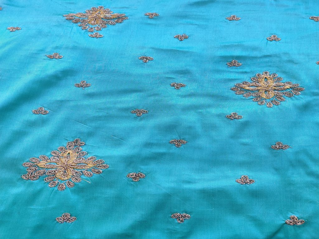 Blue Golden Dori Work Floral Motifs Embroidered Taffeta Silk Fabric