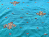 Blue Golden Dori Work Floral Motifs Embroidered Taffeta Silk Fabric