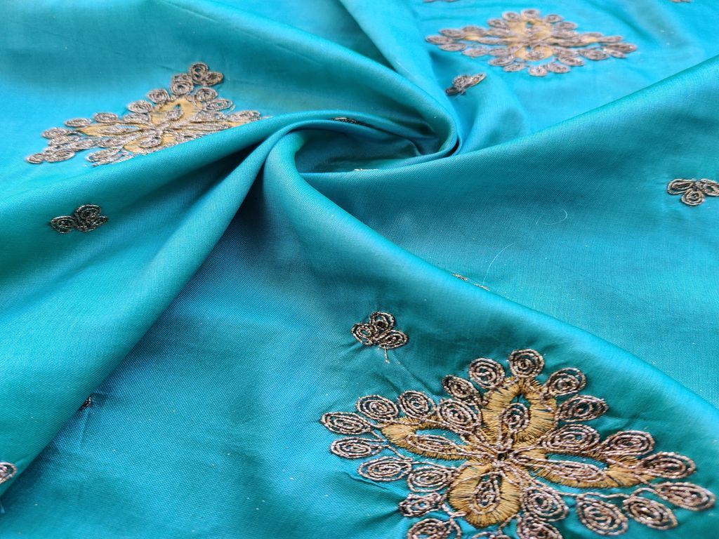 Blue Golden Dori Work Floral Motifs Embroidered Taffeta Silk Fabric
