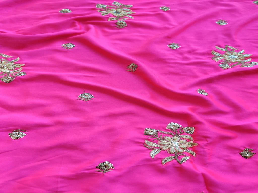 Bright Pink Sequins Embroidered Floral Motifs Malai Satin Fabric