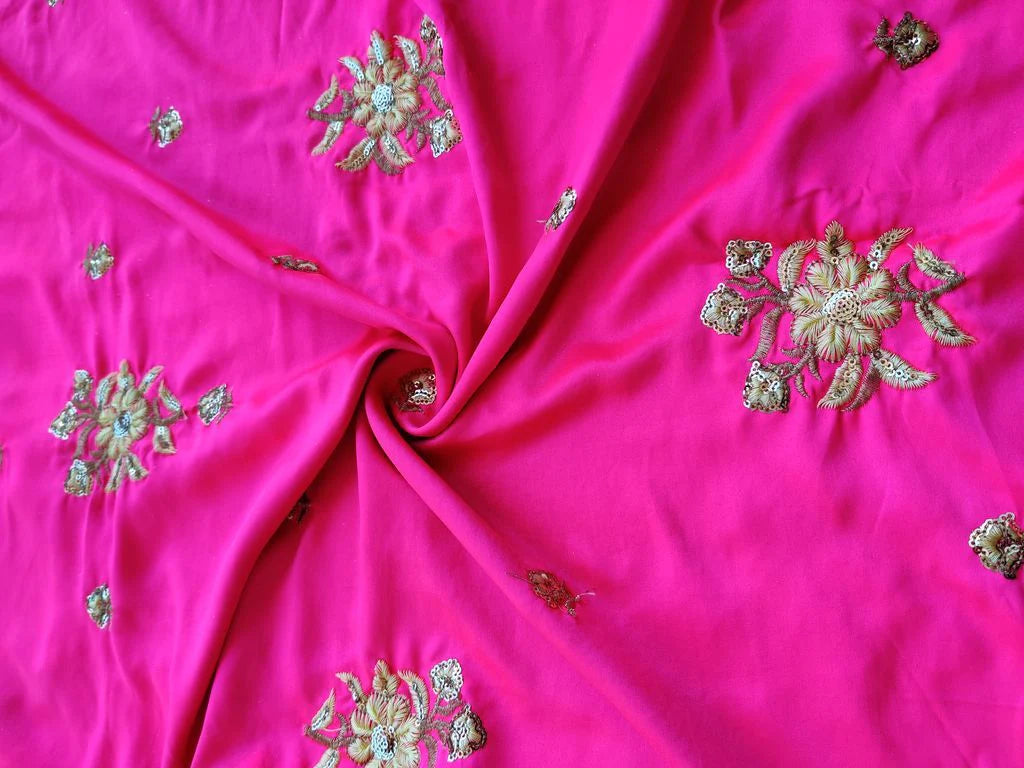 Bright Pink Sequins Embroidered Floral Motifs Malai Satin Fabric