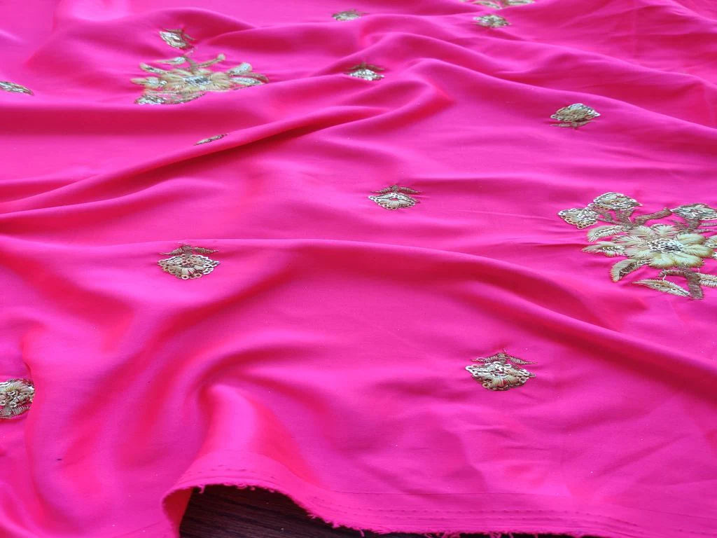 Bright Pink Sequins Embroidered Floral Motifs Malai Satin Fabric