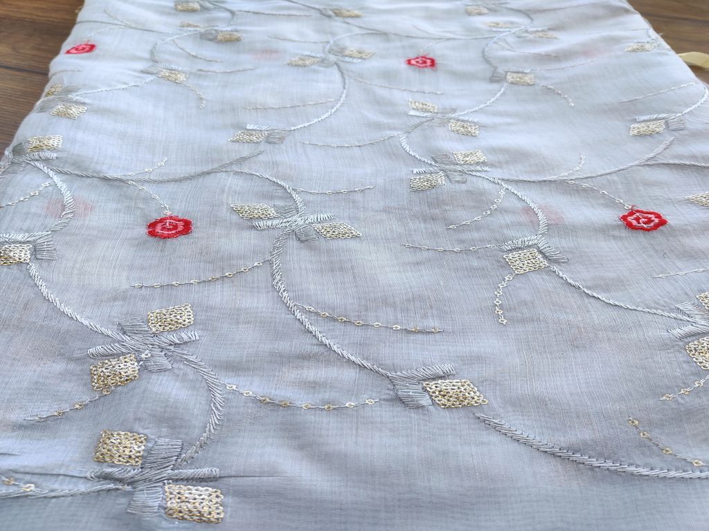 Slate Gray Thread & Sequins Embroidered Flowers Chanderi Fabric