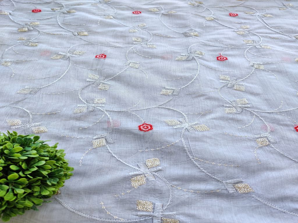 Slate Gray Thread & Sequins Embroidered Flowers Chanderi Fabric
