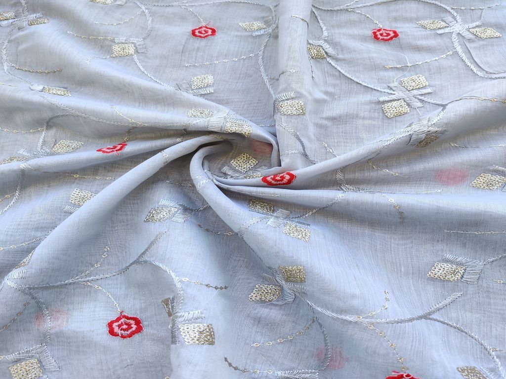 Slate Gray Thread & Sequins Embroidered Flowers Chanderi Fabric