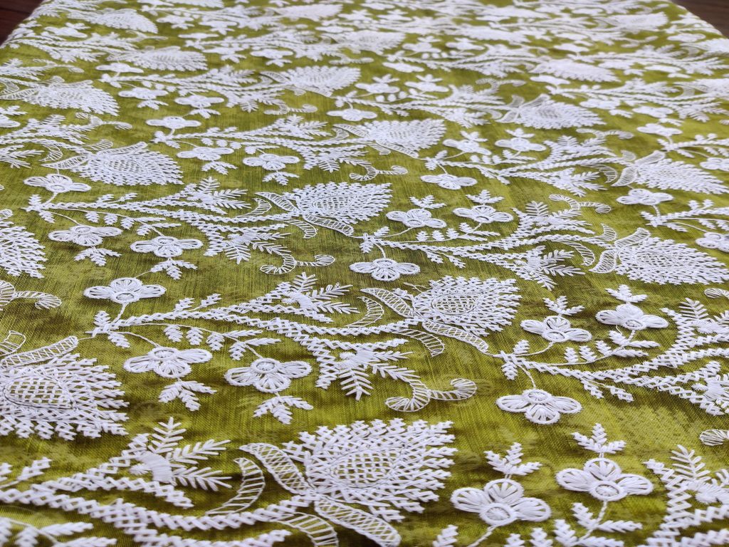 Green White Flowers Embroidered Chikankari Chanderi Fabric