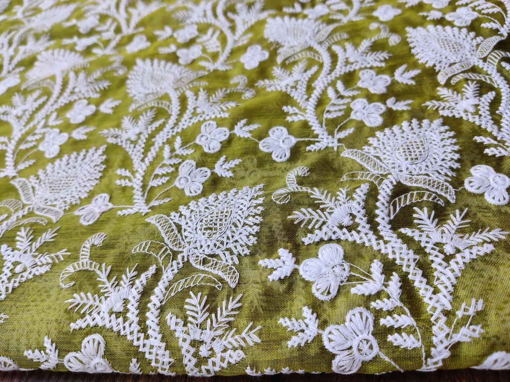 Green White Flowers Embroidered Chikankari Chanderi Fabric