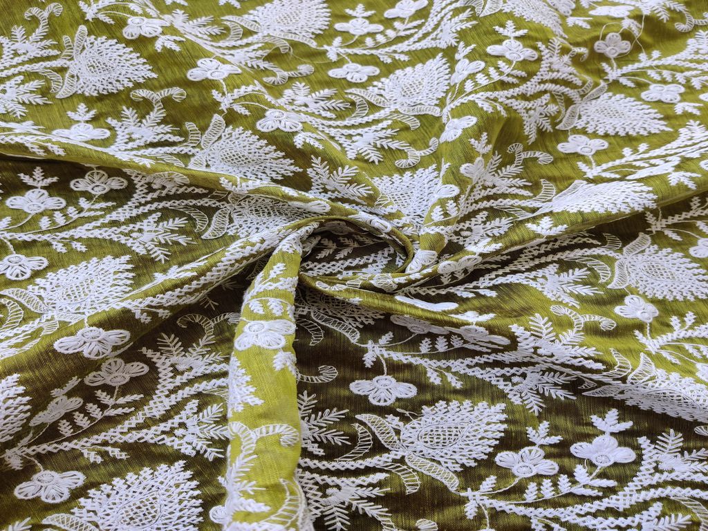 Green White Flowers Embroidered Chikankari Chanderi Fabric